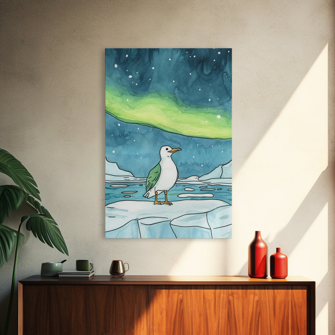 Seagull On Ice Under Aurora Wall Art, Arctic Coastal Bird Print, Ocean Nursery Decor, Nautical Bathroom Art, Beach House Decor