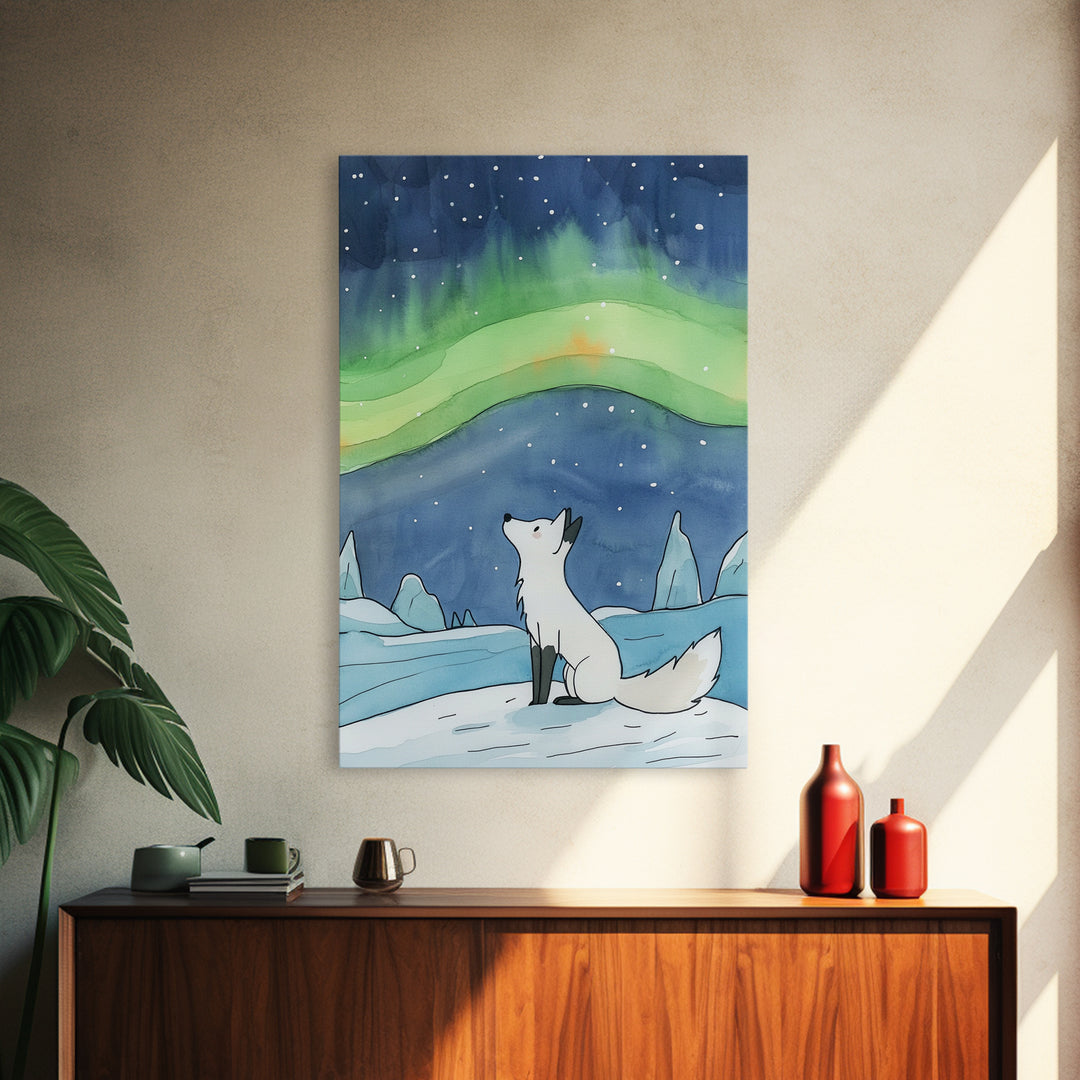 White Arctic Fox Under Aurora Wall Art, Celestial Night Sky Print, Winter Nursery Decor, Whimsical Wildlife Wall Decor, Gift For Her