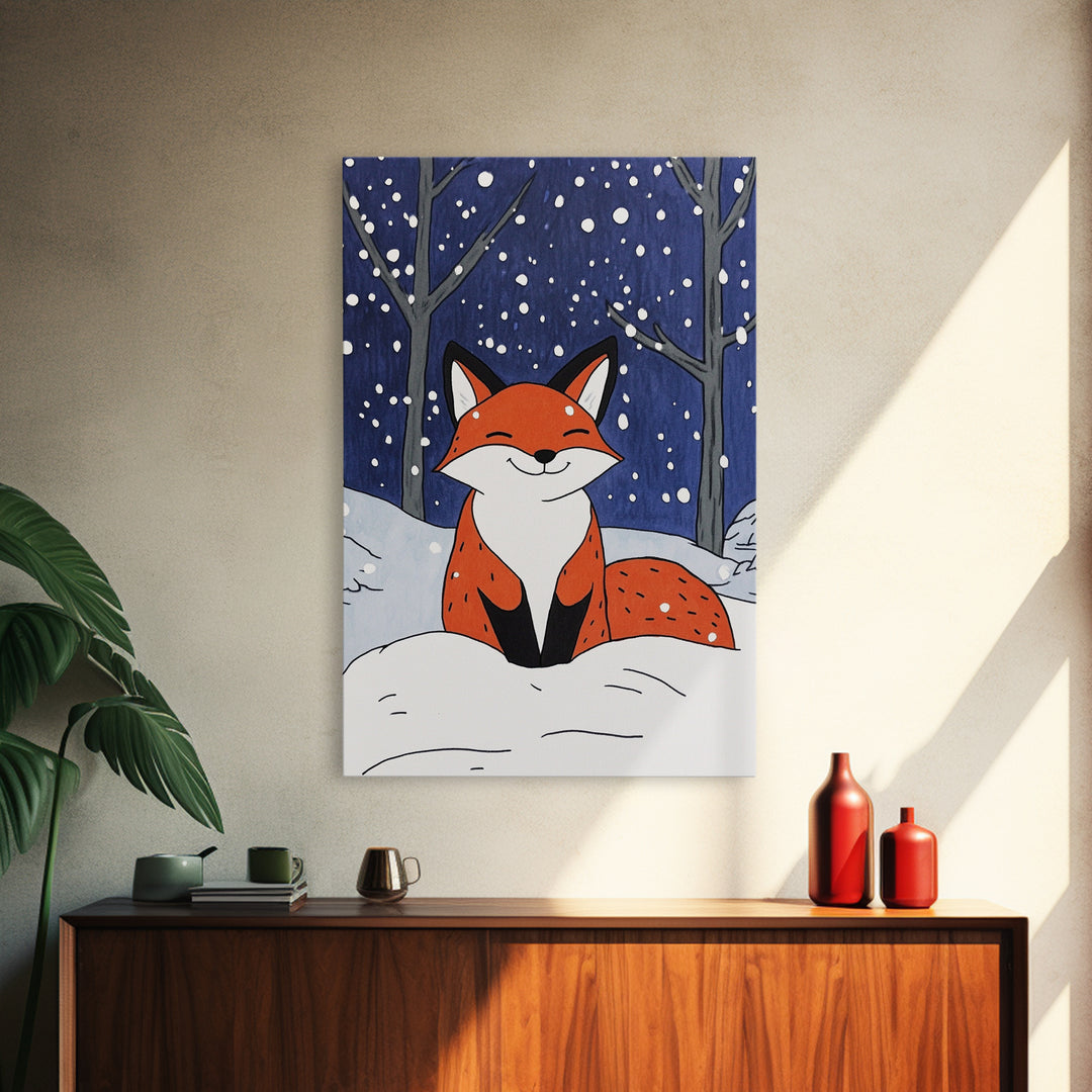 Smiling Red Fox In Falling Snow Wall Art, Cute Woodland Animal Art Print, Winter Nursery Decor, Whimsical Kids Room Decor