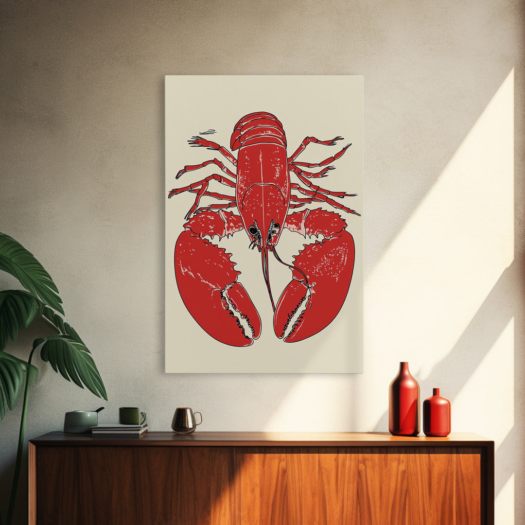 Bold Red Lobster Illustration Canvas Print, Seafood Kitchen Wall Art, Coastal Home Decor, Nautical Dining Room Print Gift