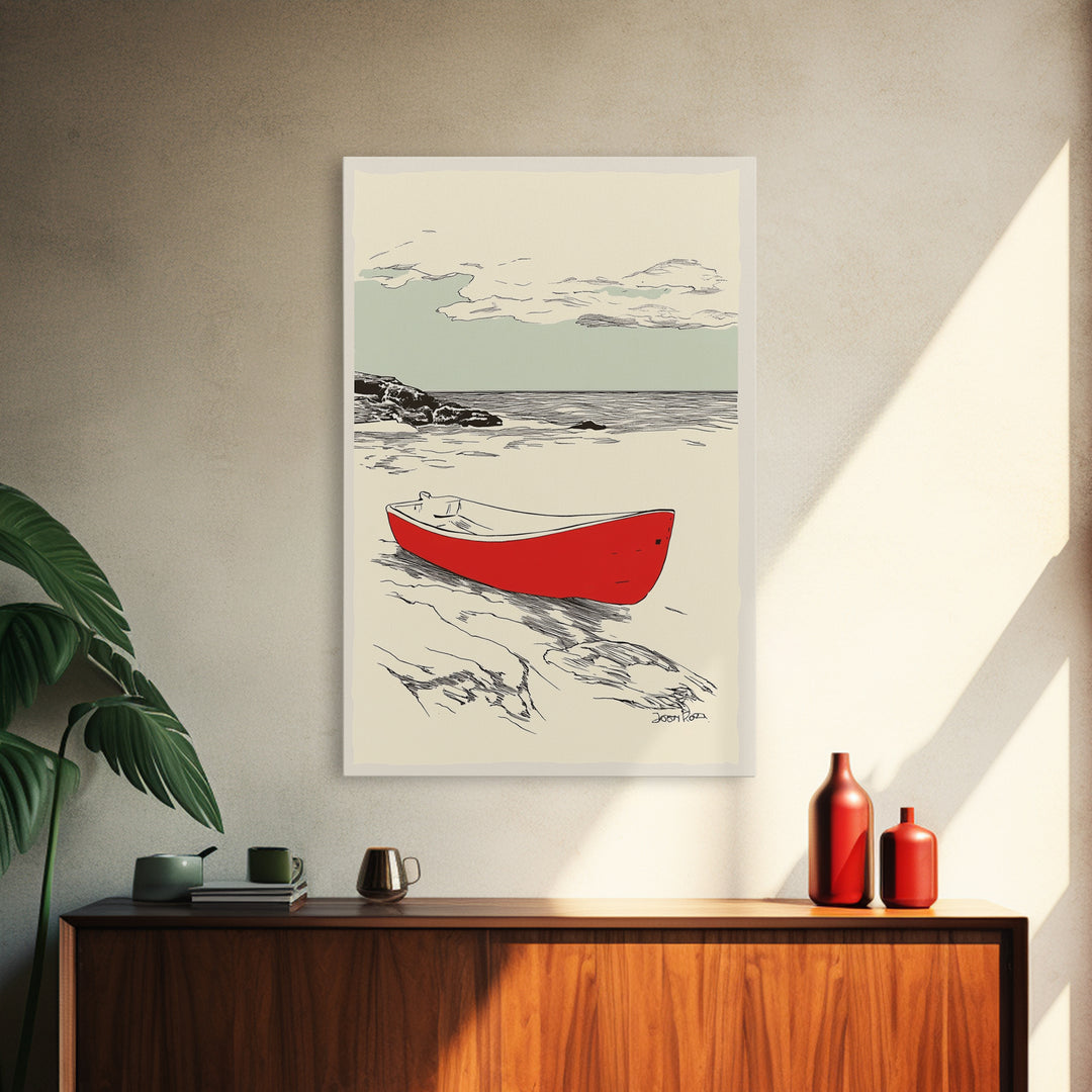 Red Rowboat On Rocky Shore Wall Art, Nautical Coastal Print, Beach House Decor, Seascape Wall Art, Lake House Gift For Him