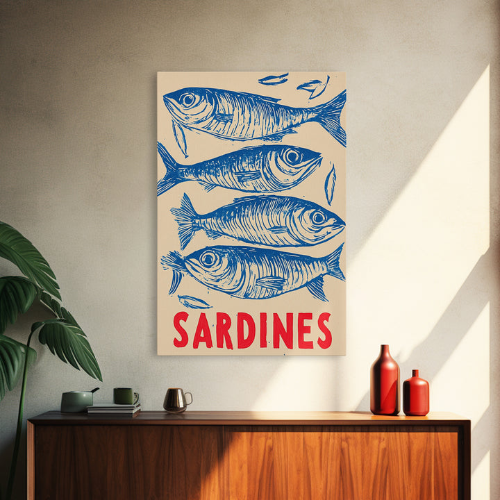Blue Sardines Seafood Poster Canvas Print, Coastal Kitchen Wall Art, Nautical Wall Decor, Ocean Fish Art For Home Decor Gift