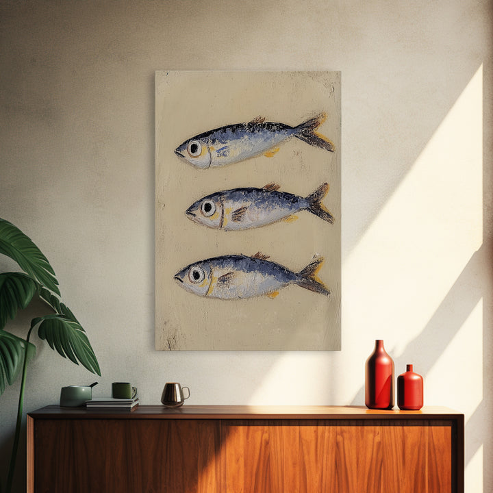 Three Silver Sardine Fish Painting Wall Art, Coastal Kitchen Decor, Nautical Sea Life Canvas, Beach House Gift Print For Home Decor