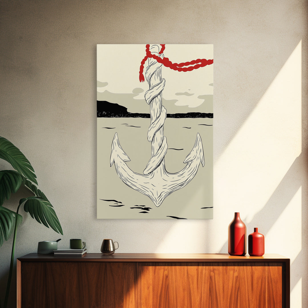White Rope Anchor Illustration Wall Art, Nautical Coastal Decor, Beach House Canvas Print, Seaside Gift For Him, Ocean Wall Decor