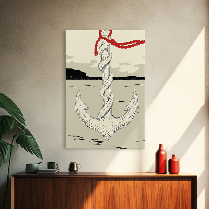 White Rope Anchor Illustration Wall Art, Nautical Coastal Decor, Beach House Canvas Print, Seaside Gift For Him, Ocean Wall Decor
