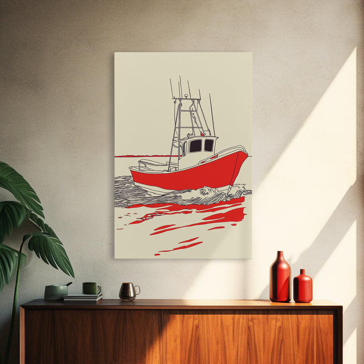 Red Fishing Boat Illustration Canvas Print, Nautical Wall Art, Coastal Beach House Decor, Maritime Gift For Him, Ocean Wall Decor