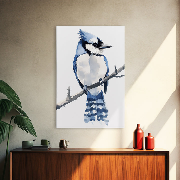 Blue Jay Bird Watercolor Wall Art, Woodland Nature Decor, Bird Lover Gift, Nursery Animal Canvas Print, Coastal Blue Art