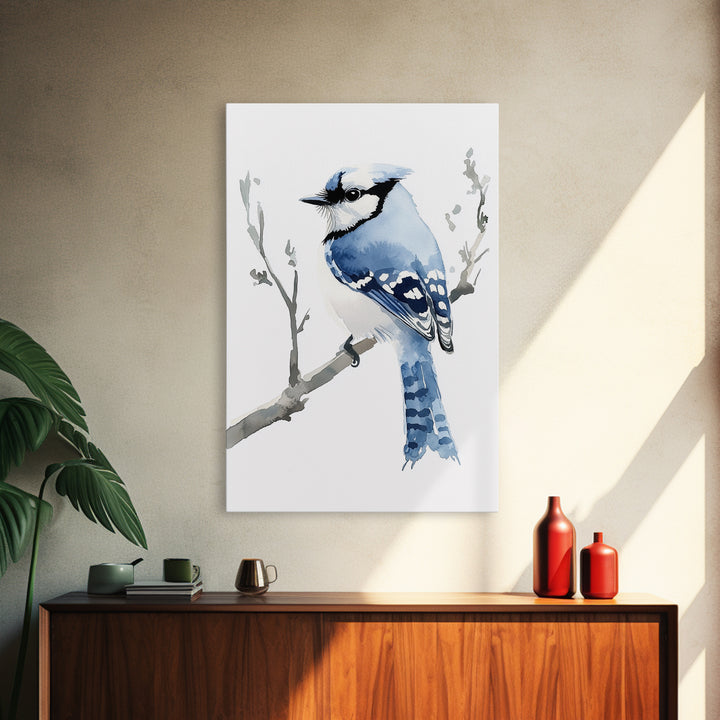 Blue Jay Perched On Branch Wall Art, Watercolor Bird Print, Woodland Nursery Decor, Nature Canvas Print, Bird Lover Gift