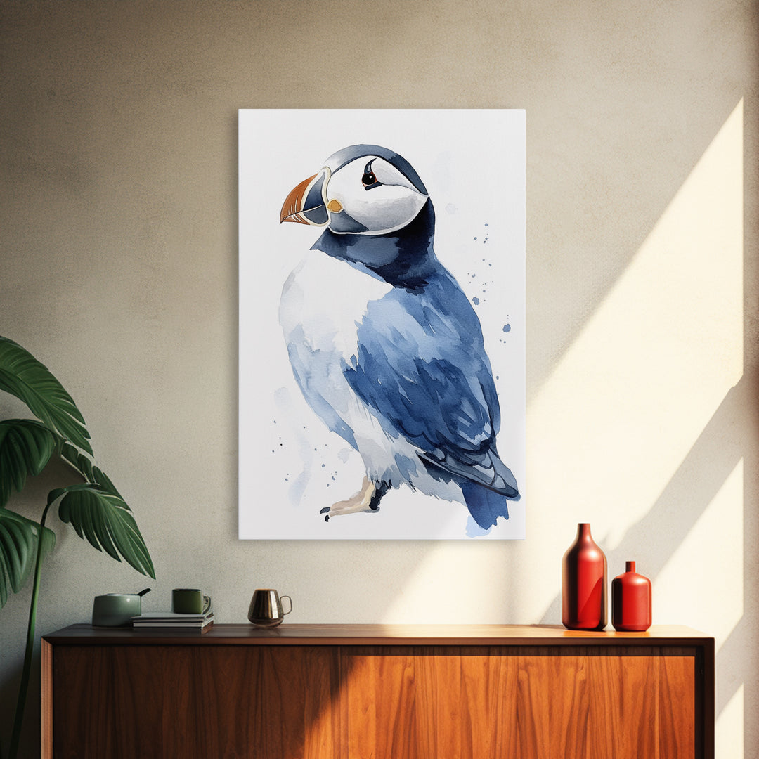 Atlantic Puffin Bird Watercolor Wall Art, Coastal Wildlife Decor, Nautical Canvas Print, Ocean Nursery Gift, Blue Seabird Art