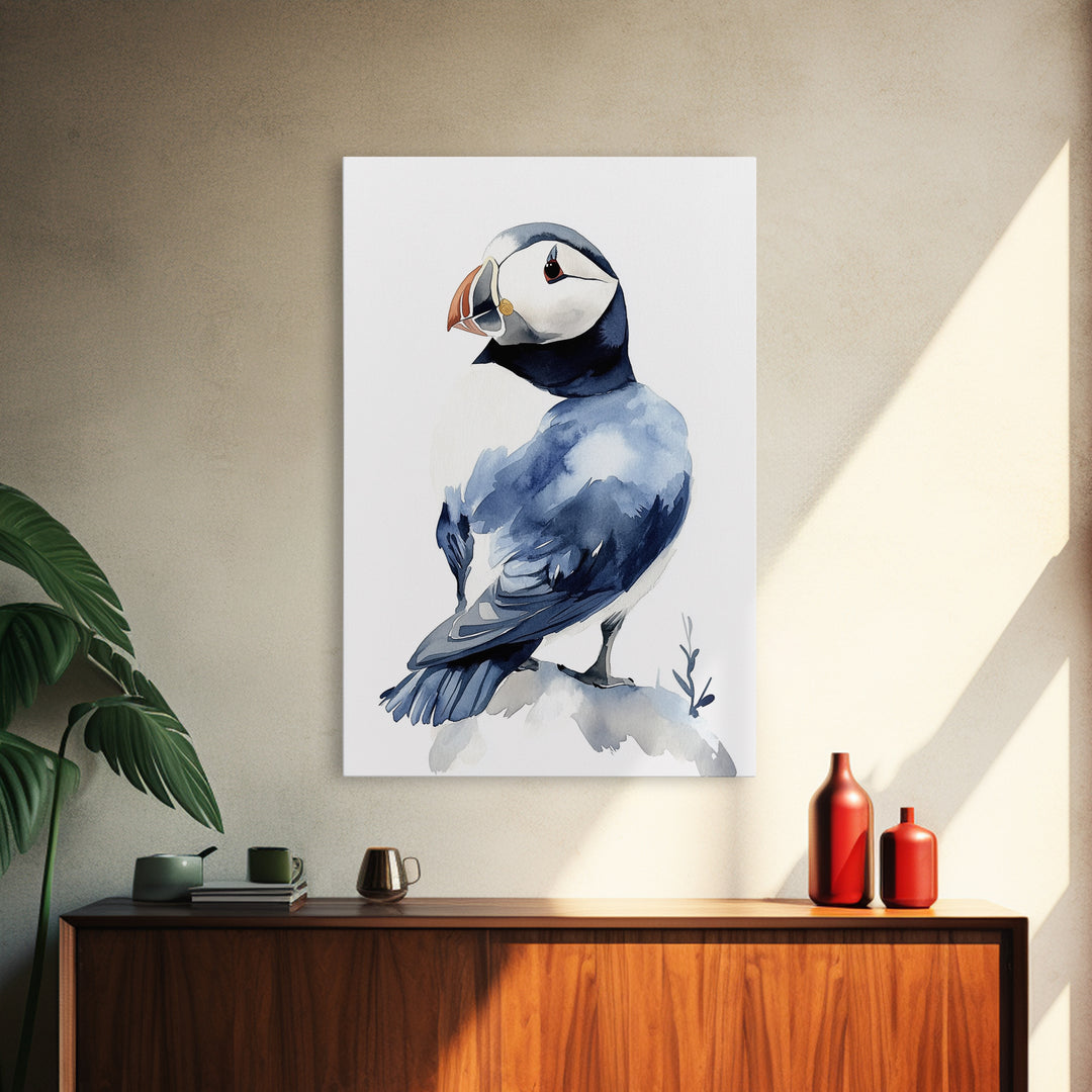 Puffin Bird Watercolor Canvas Print, Coastal Wildlife Wall Art, Nautical Nursery Decor, Ocean Animal Gift, Blue Seabird Art