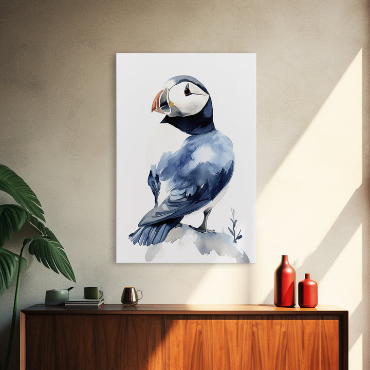 Puffin Bird Watercolor Canvas Print, Coastal Wildlife Wall Art, Nautical Nursery Decor, Ocean Animal Gift, Blue Seabird Art