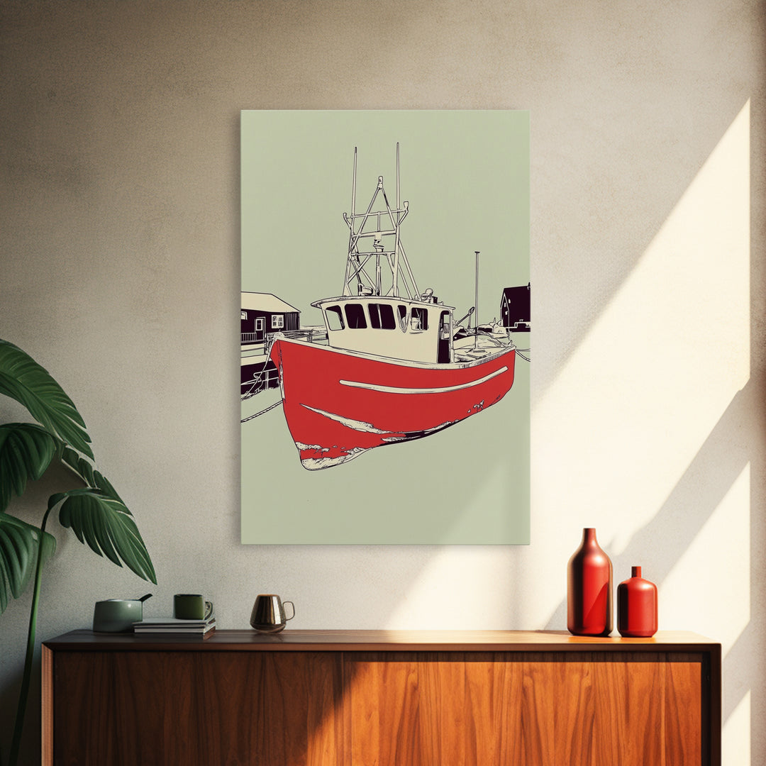 Red Fishing Boat In Harbor Wall Art, Nautical Coastal Canvas Print, Beach House Decor, Maritime Living Room Art Gift For Him