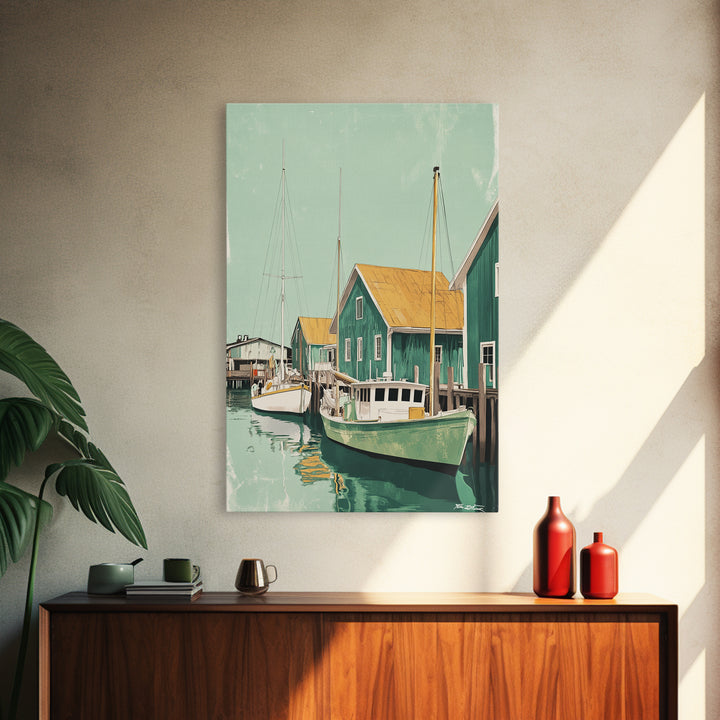 Green Fishing Boats By Dock Framed Canvas Print, Nautical Wall Art, Coastal Home Decor, Beach House Living Room Art Gift