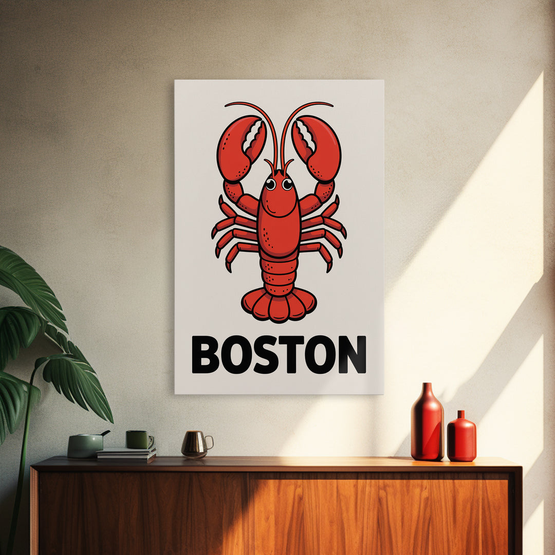 Red Lobster Boston Canvas Print, Coastal Kitchen Wall Art, Nautical Seafood Poster, New England Beach House Decor Art Gift