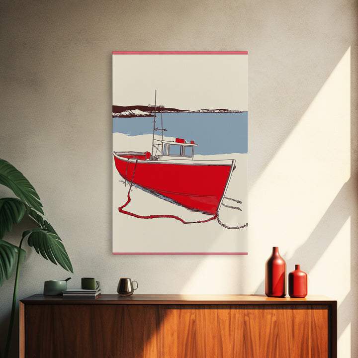 Red Lobster Boat On Blue Bay Wall Art, Nautical Coastal Canvas Print, Beach House Decor, Maritime Seascape Art Gift For Him