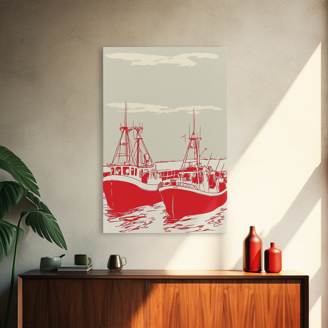 Two Red Fishing Boats At Harbor Canvas Print, Nautical Wall Art, Coastal Decor, Maritime Living Room Poster Gift For Him