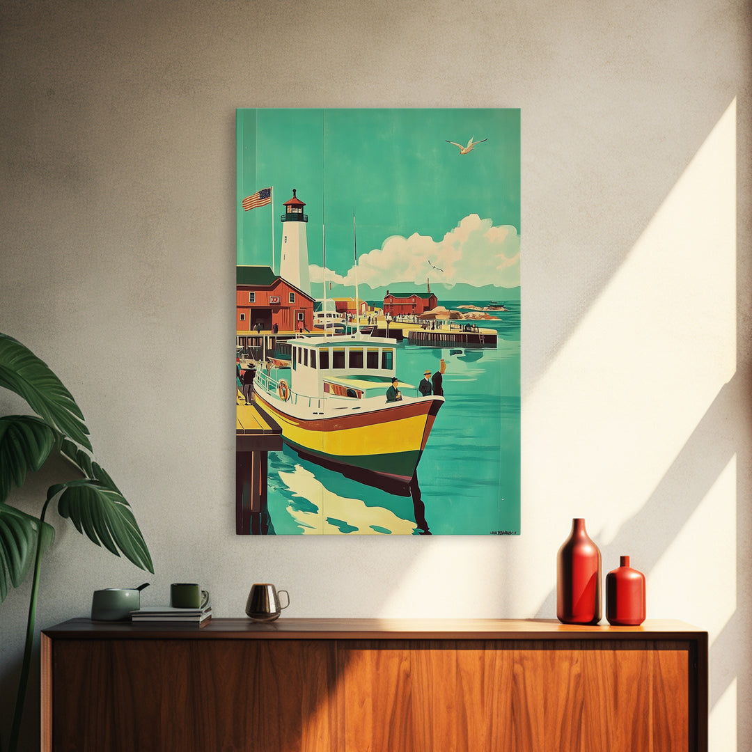 Harbor Boat With Lighthouse Framed Canvas Print, Coastal Wall Art, Nautical Travel Poster, Beach House Living Room Decor