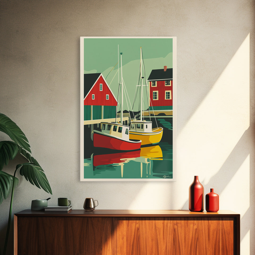 Red And Yellow Boats By Boathouse Wall Art, Nautical Coastal Canvas Print, Scandinavian Harbor Home Decor, Lake House Gift