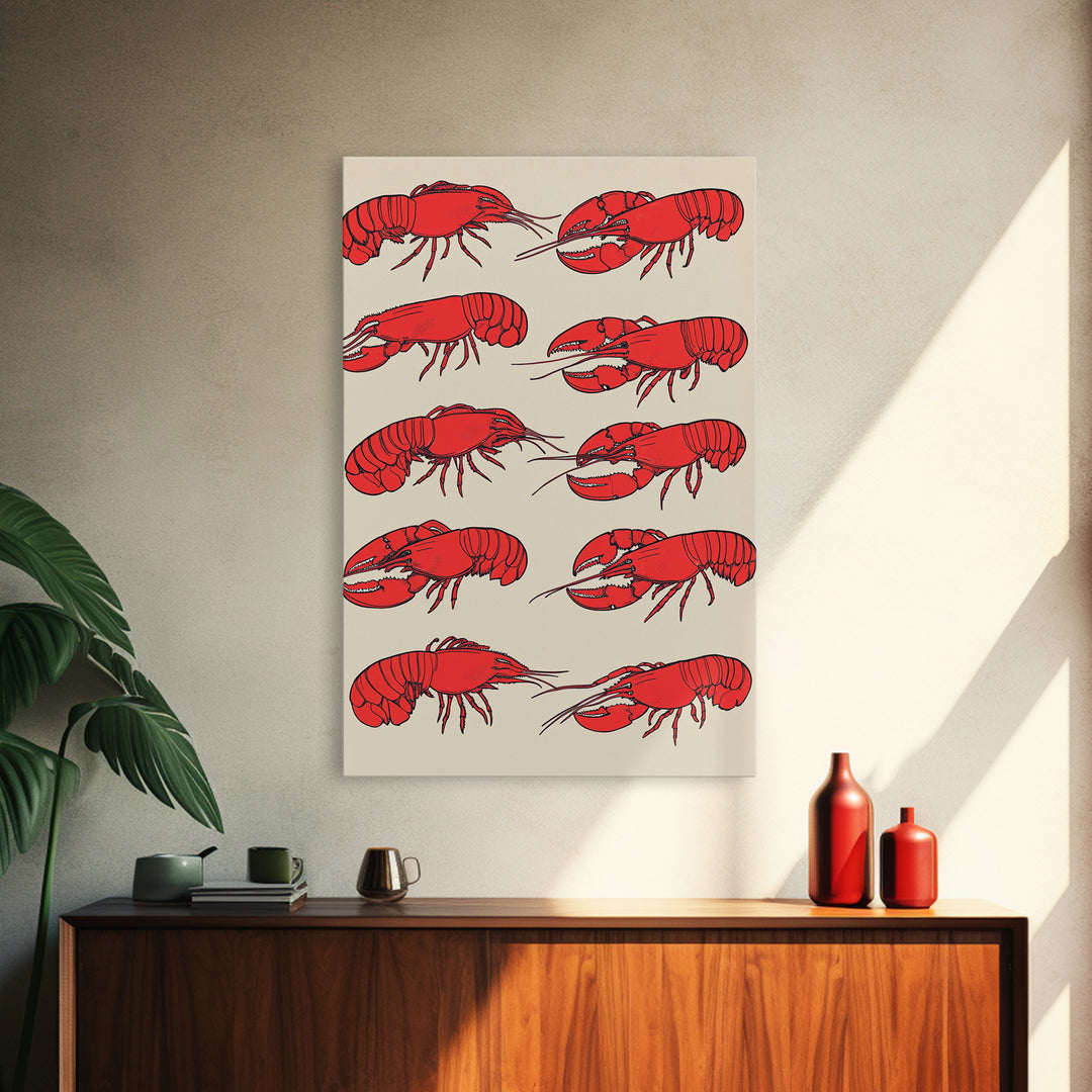 Red Lobster Pattern On Beige Wall Art, Coastal Kitchen Decor, Seafood Print, Nautical Home Decor, Beach House Dining Room Gift