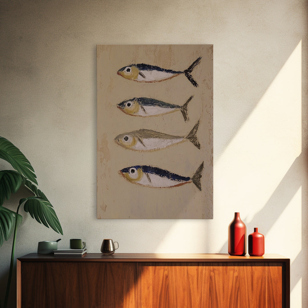 Four Small Fish Rustic Wall Art, Coastal Kitchen Decor, Nautical Print, Seafood Wall Decor, Beach House Dining Room Gift For Foodie