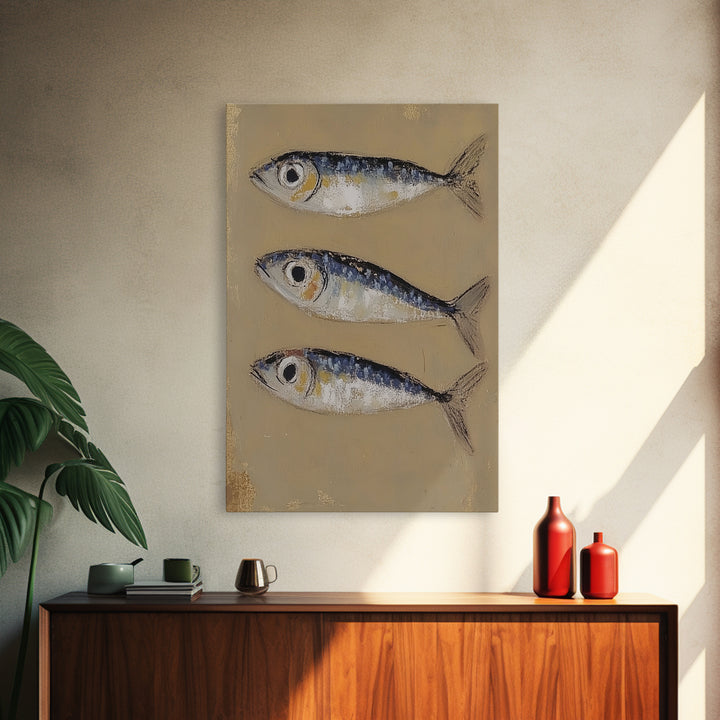 Three Blue Sardines On Beige Canvas Print, Coastal Kitchen Wall Art, Nautical Seafood Decor, Beach House Gift For Dining Room Home Decor