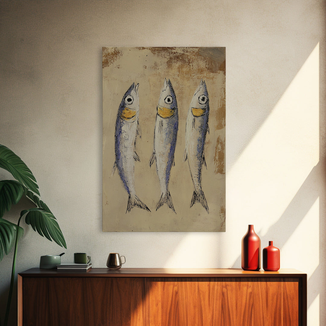 Rustic Three Sardines On Textured Beige Wall Art, Coastal Kitchen Decor, Nautical Fish Canvas Print For Beach House Dining Room