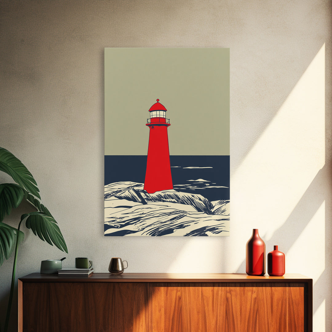 Red Lighthouse By Dark Sea Canvas Print, Nautical Wall Art, Coastal Beach House Decor, Ocean Poster For Living Room Home Decor