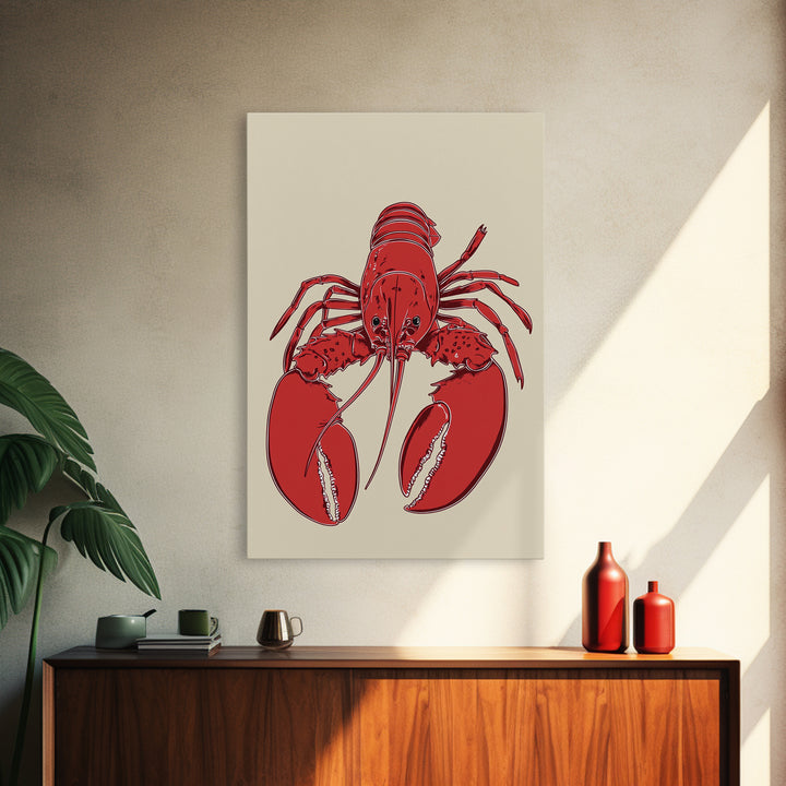 Bold Red Lobster Illustration Canvas Print, Coastal Kitchen Wall Art, Nautical Seafood Decor, Beach House Gift For Food Lovers