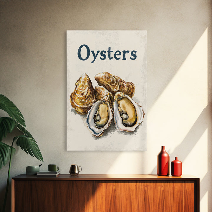 Blue Oyster Shell Illustration Canvas Print, Coastal Kitchen Wall Decor, Seafood Poster, Nautical Dining Room Art Print, Gift For Foodie
