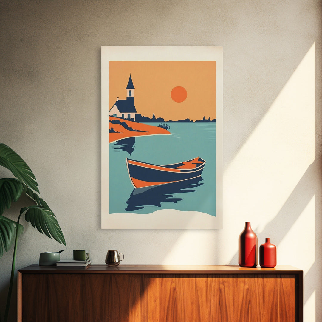 Orange Sunset Boat And Church Wall Art, Coastal Travel Poster, Lake House Decor, Nautical Canvas Print, Summer Beach Gift