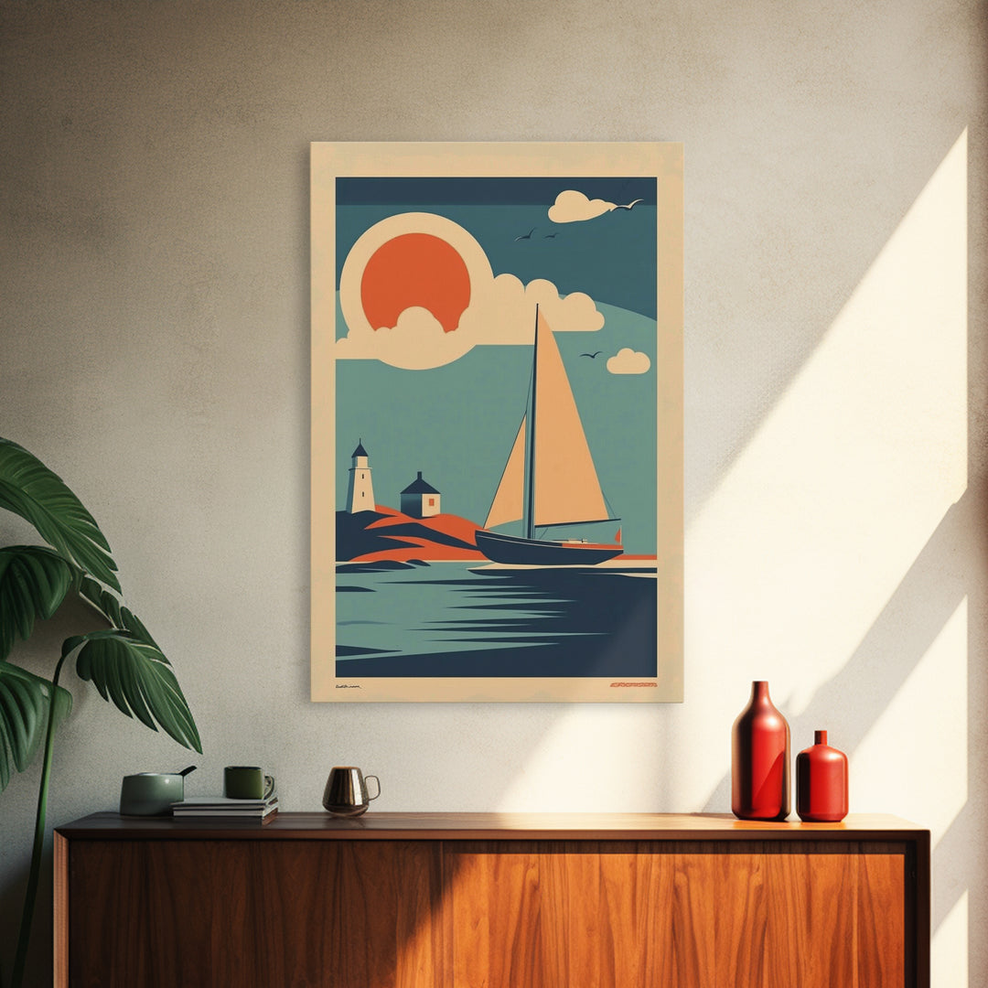 Art Deco Sailboat Lighthouse Sunset Wall Art, Coastal Travel Poster, Nautical Canvas Print, Beach House Decor Gift For Her