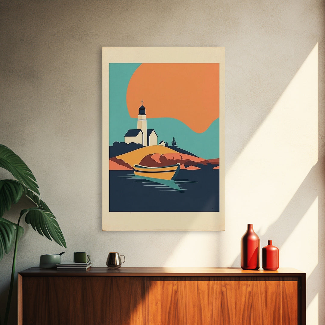 Lighthouse Cove With Rowboat Framed Canvas Print, Coastal Wall Art, Nautical Lake House Decor, Sunset Travel Poster Gift