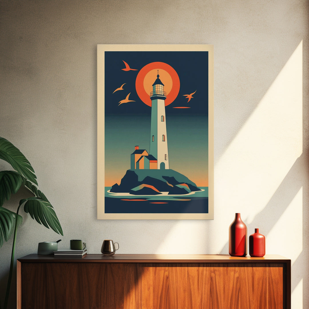 Retro Lighthouse At Sunset With Orange Sun And Seabirds Wall Art, Coastal Wall Decor, Nautical Art Print, Beach House Decor