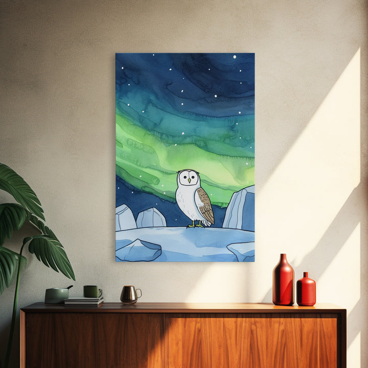 Snowy Owl Under Northern Lights Wall Art, Aurora Sky Canvas Print, Celestial Wall Decor, Arctic Nursery Art, Nature Gift