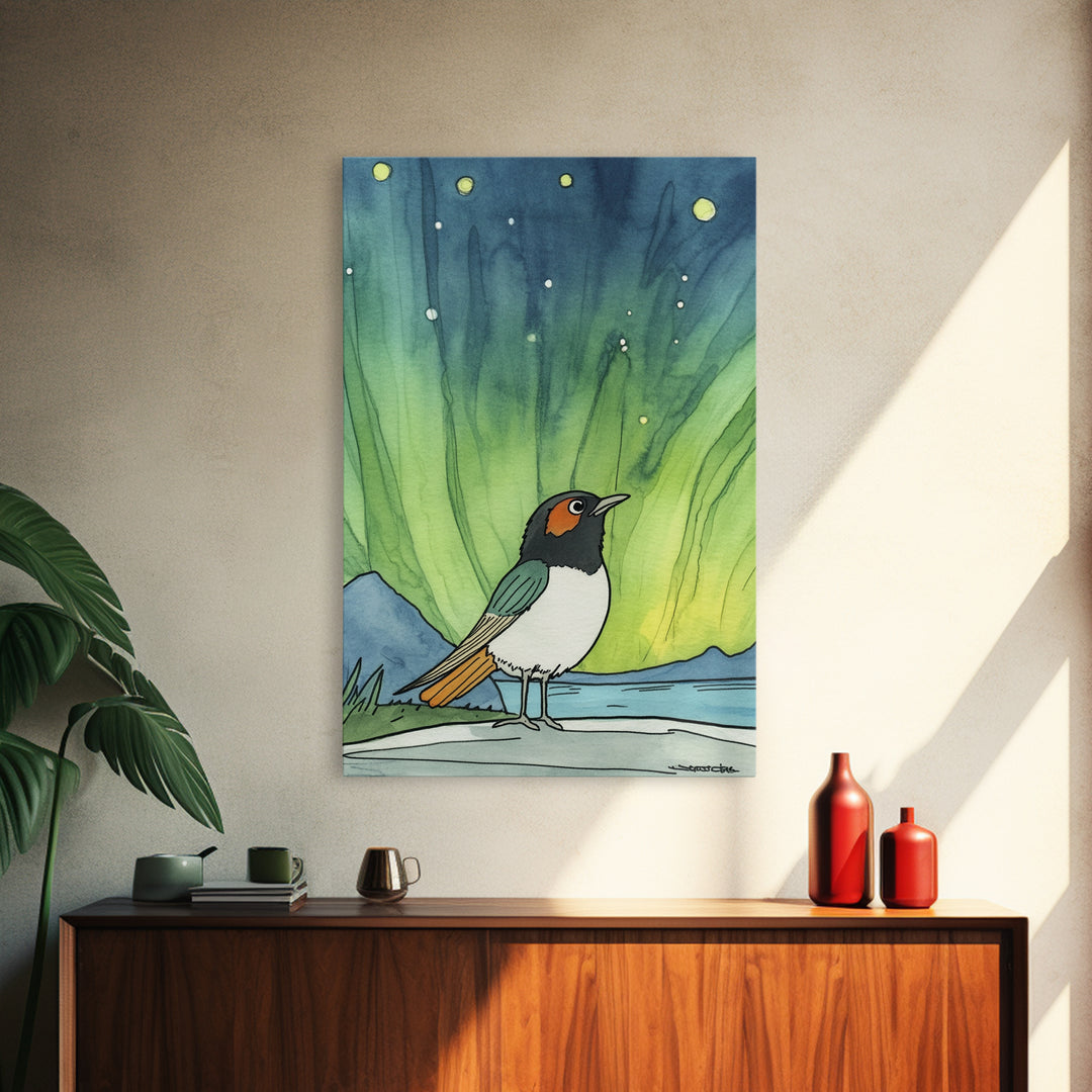 Robin Bird Beneath Green Northern Lights Canvas Print, Aurora Wall Art, Celestial Decor, Nature Wall Decor, Whimsical Art