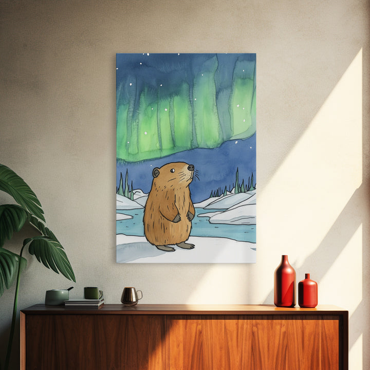 Whimsical Beaver Aurora Wall Art, Northern Lights Animal Print, Winter Nursery Decor, Woodland Animal Gift, Cozy Kids Room Decor
