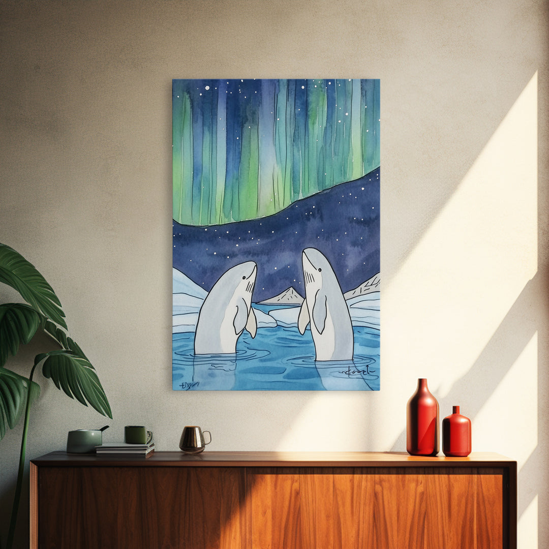 Northern Lights Beluga Whales Canvas Print, Aurora Borealis Ocean Wall Art, Arctic Nursery Decor, Coastal Wall Decor, Gift For Her