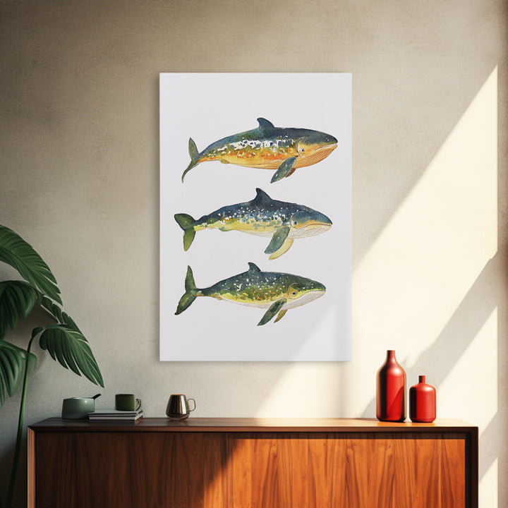 Three Colorful Whales Canvas Print, Marine Life Wall Art, Ocean Animal Art Print, Coastal Nursery Decor, Whale Lover Gift