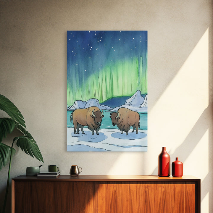 Aurora Bison In Snow Framed Canvas Print, Northern Lights Wall Art, Rustic Wildlife Art, Winter Nature Decor, Cabin Decor