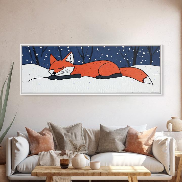 Sleeping Red Fox In Snow Wall Art, Whimsical Winter Animal Print, Woodland Nursery Decor, Cozy Kids Room Canvas Print Gift