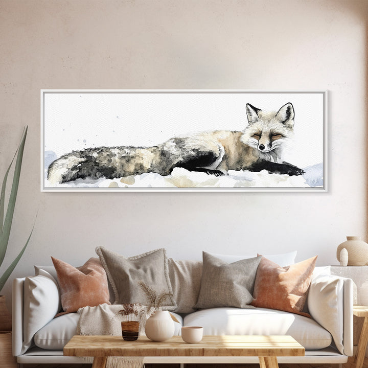 Resting Arctic Fox In Snow Canvas Print, Winter Wildlife Wall Art, Neutral Woodland Decor, Minimalist Animal Art, Bedroom Decor Gift
