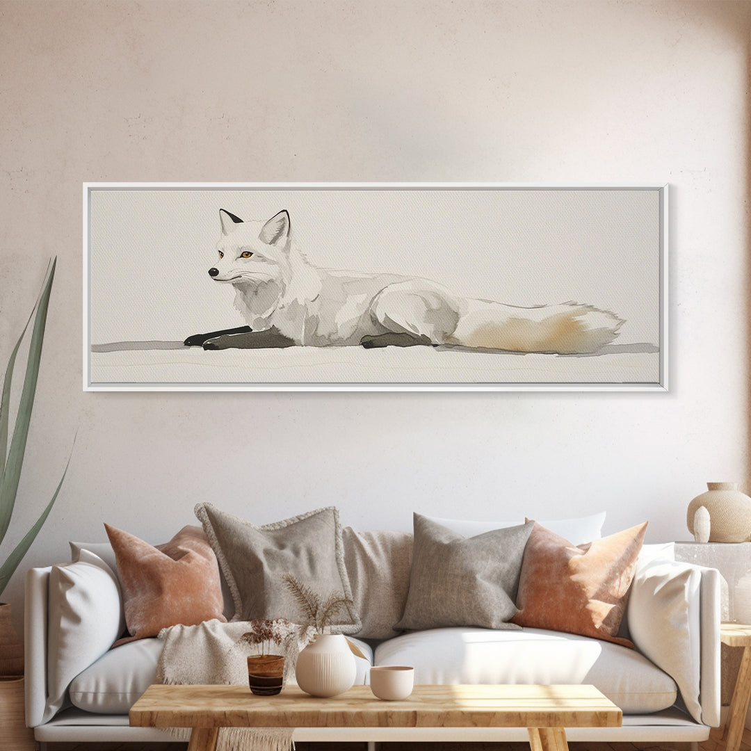 White Arctic Fox Minimalist Wall Art, Neutral Wildlife Canvas Print, Scandinavian Woodland Decor, Serene Animal Art Gift