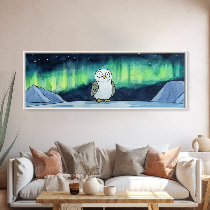 Northern Lights Owl Wall Art, Aurora Borealis Canvas Print, Whimsical Arctic Animal Decor, Kids Room Nursery Art Gift For Kids