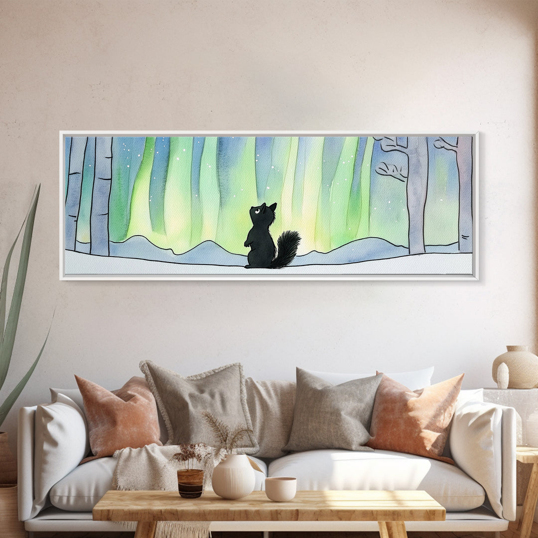 Black Squirrel Under Aurora Forest Wall Art, Winter Woodland Animal Print, Cute Nursery Decor, Northern Lights Wall Decor