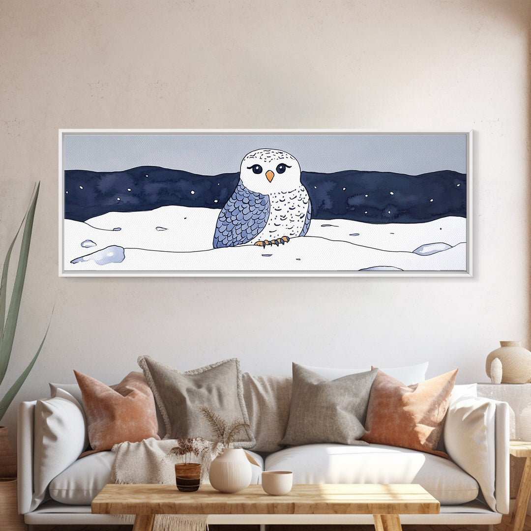 Cute Snowy Owl In Winter Snow Canvas Print, Arctic Bird Wall Art, Nursery Animal Decor, Blue Night Landscape Art Print Gift