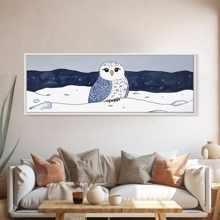 Cute Snowy Owl In Winter Snow Canvas Print, Arctic Bird Wall Art, Nursery Animal Decor, Blue Night Landscape Art Print Gift