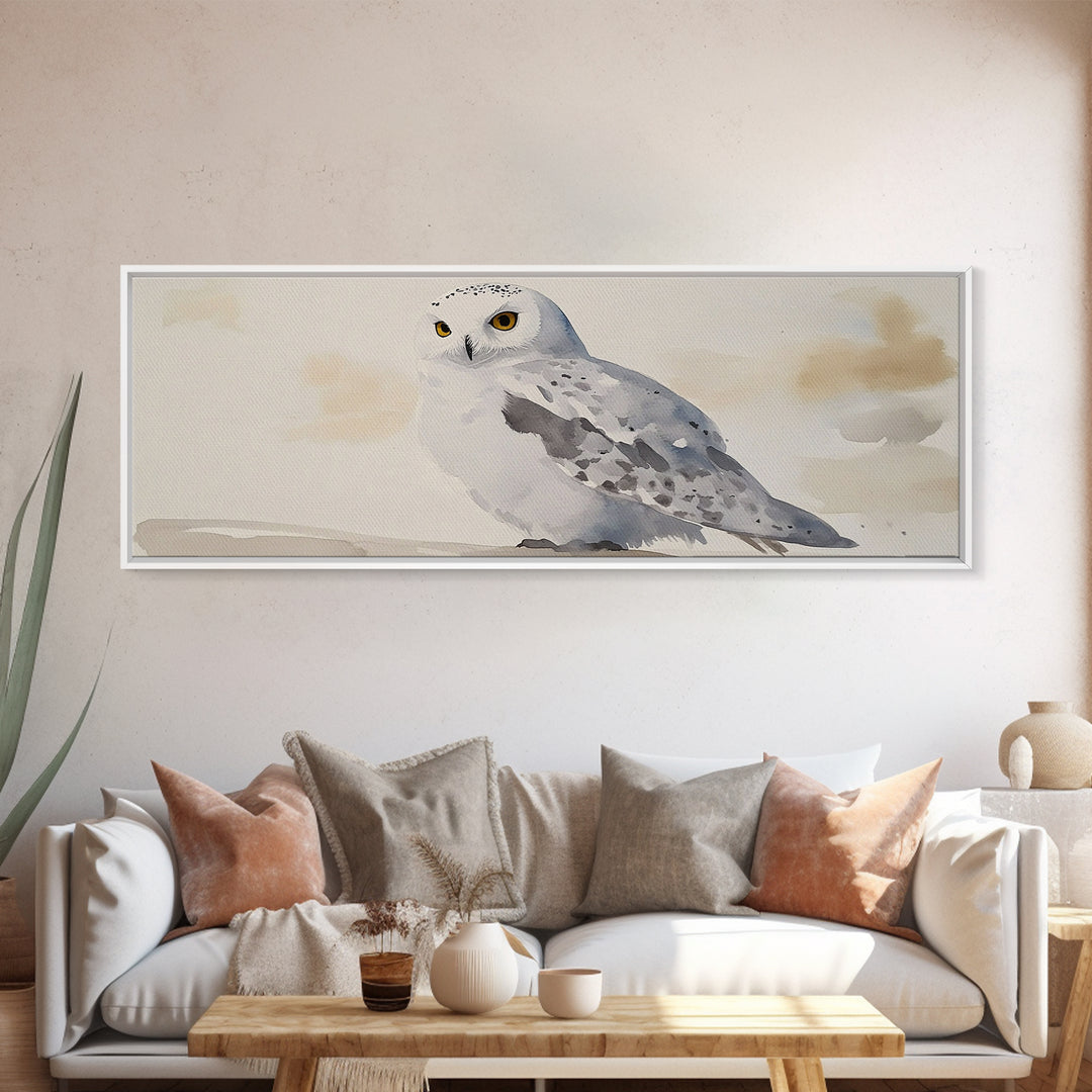 Snowy Owl In Soft Beige Sky Framed Canvas Print, Arctic Bird Wall Art, Neutral Wildlife Decor, Minimalist Nature Print Gift