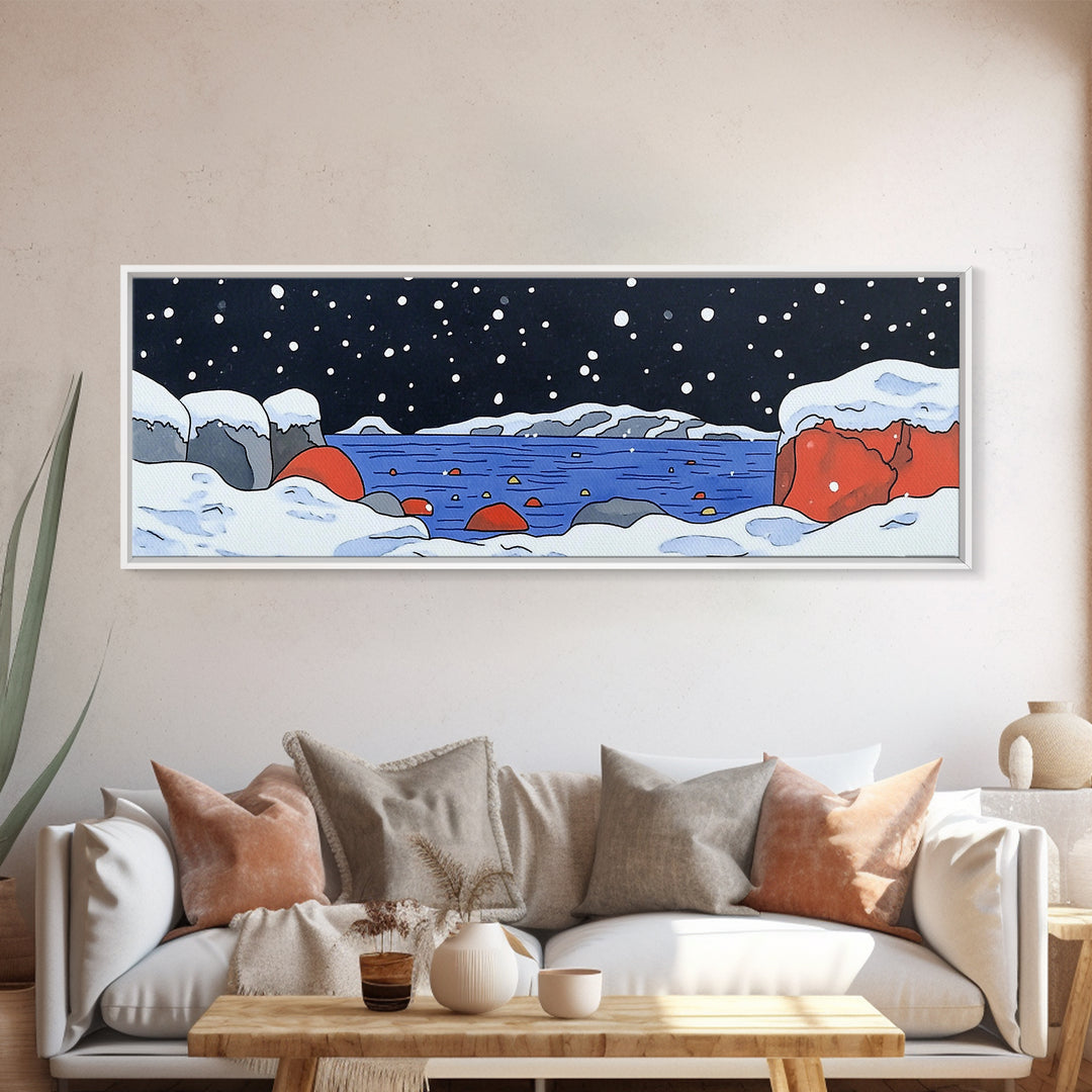 Snowy Arctic Cove With Red Rocks Wall Art, Winter Seascape Canvas Print, Coastal Landscape Decor, Ocean Art Print Home Decor
