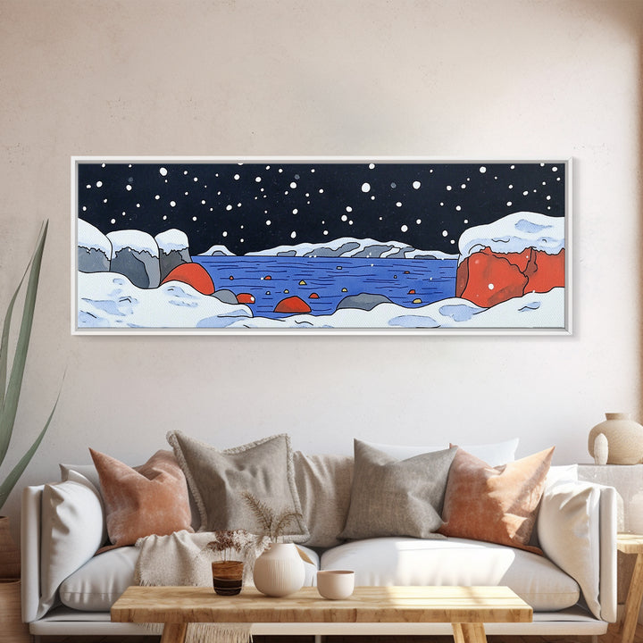Snowy Arctic Cove With Red Rocks Wall Art, Winter Seascape Canvas Print, Coastal Landscape Decor, Ocean Art Print Home Decor