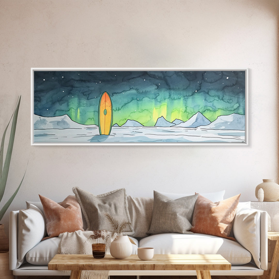 Aurora Surfboard Arctic Mountains Wall Art, Panoramic Canvas Print, Coastal Cabin Decor, Winter Landscape Gift For Beach House